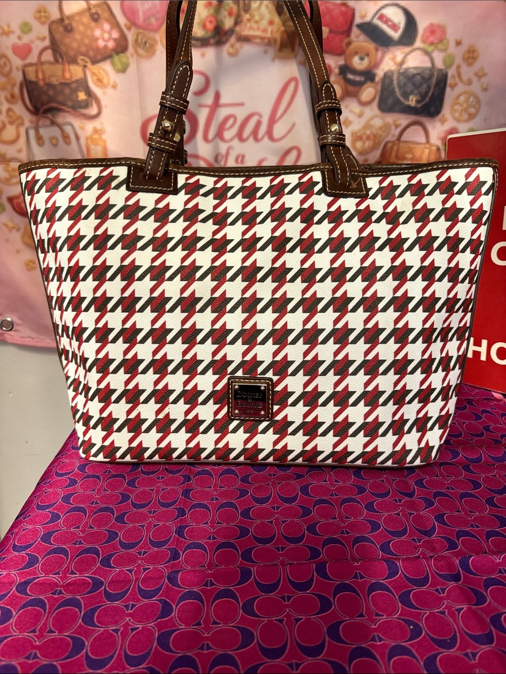 Dooney &. Burke Red & White Houndstooth Tote Bag with Brown Trim